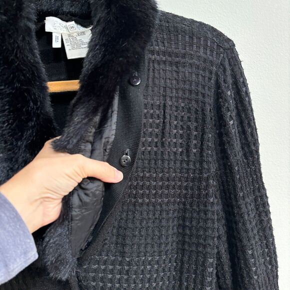Escada VTG Wool Blend Fur Collar Cardigan Sweater Womens 38 Black Waffle Thermal - Picture 5 of 10